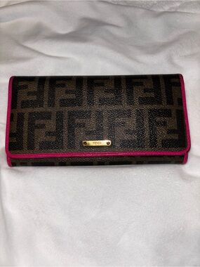 Fendi Brown FF Monogram Long Wallet with Pink Trim